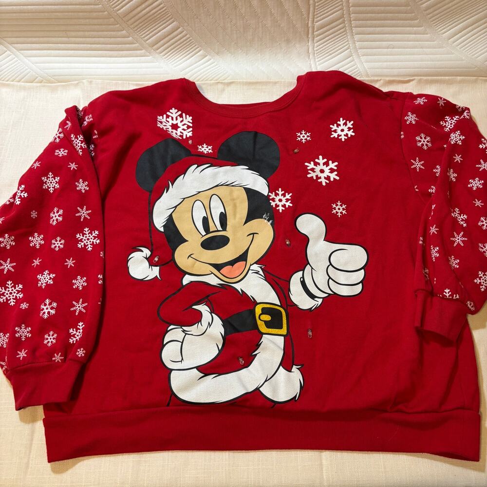 Disney Mickey Mouse Christmas Sweatshirt Womens L Light Up Santa Snowflake Red